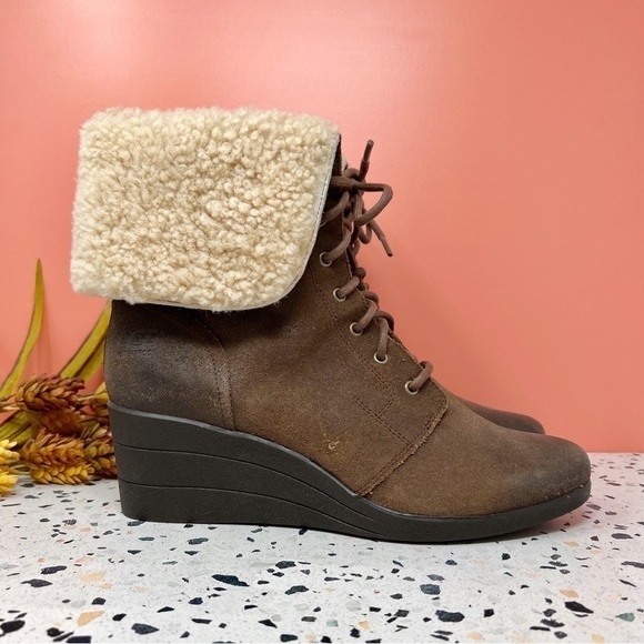 NEW Ugg Shearling Zea Cuffed Brown Leather Lace Up Women’s Winter Boots Sz 12 - Picture 3 of 10